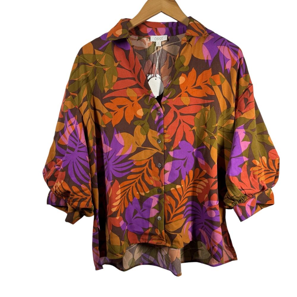 Oddy Top Women S NWT Orange Purple Floral Puff 3/4 Sleeve Button Up Spring Palm
